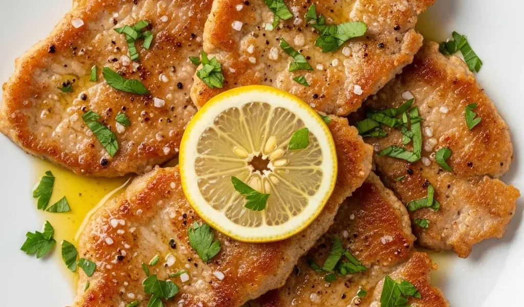 Plate of authentic Veal Scaloppine with Lemon sauce garnished with fresh parsley