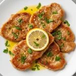 Plate of authentic Veal Scaloppine with Lemon sauce garnished with fresh parsley