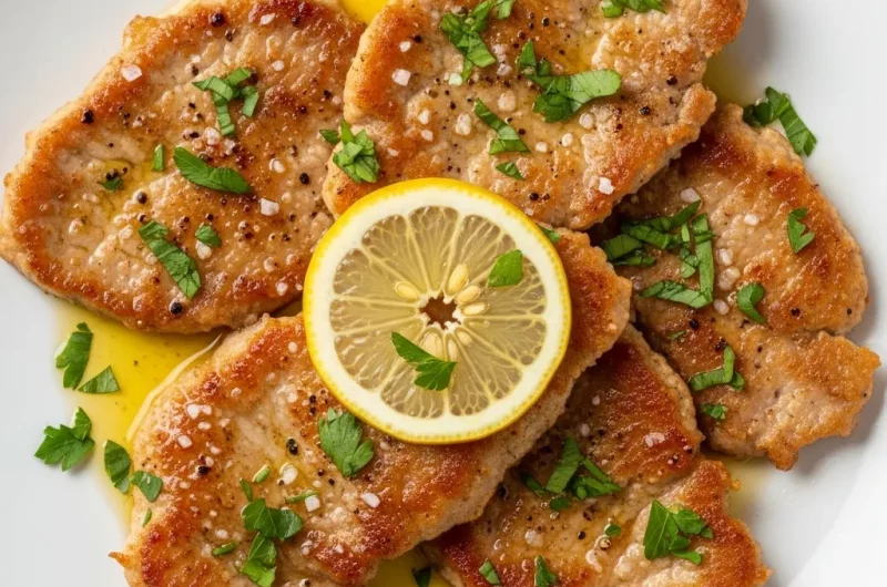 Plate of authentic Veal Scaloppine with Lemon sauce garnished with fresh parsley