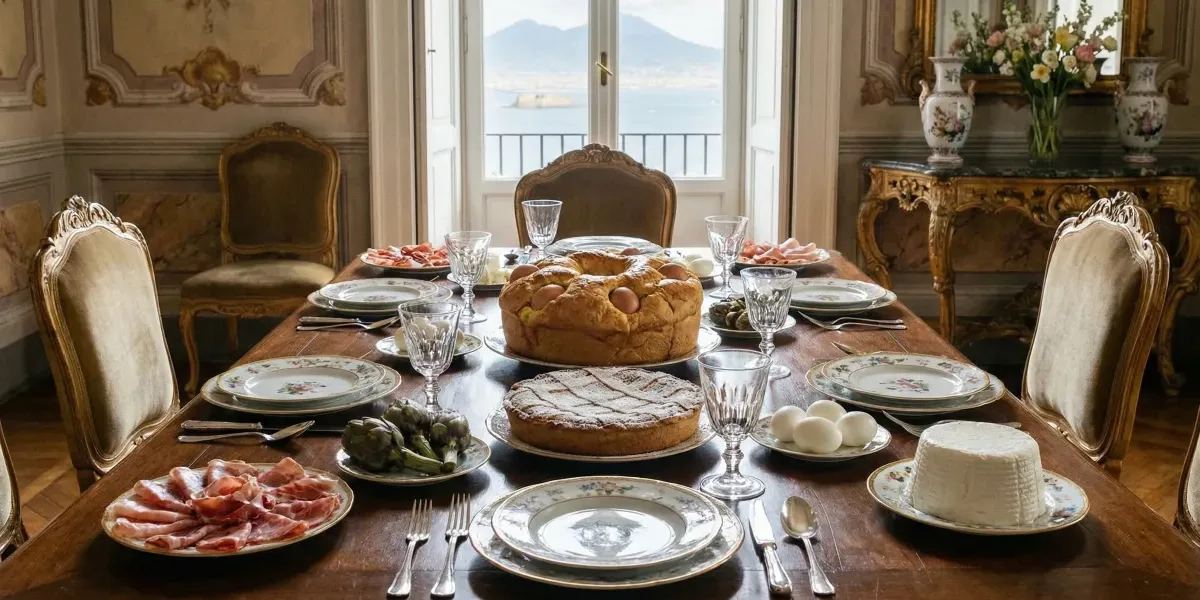 A festive table overflowing with traditional Easter food in Naples, featuring a savory Casatiello and a sweet Pastiera in the center.