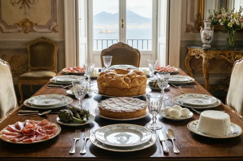 A festive table overflowing with traditional Easter food in Naples, featuring a savory Casatiello and a sweet Pastiera in the center.