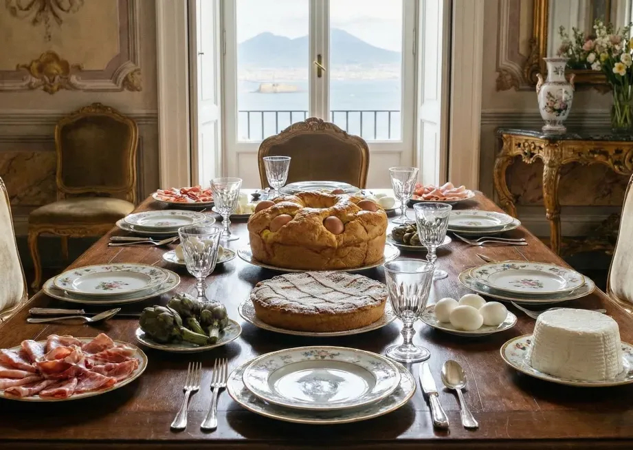 A festive table overflowing with traditional Easter food in Naples, featuring a savory Casatiello and a sweet Pastiera in the center.