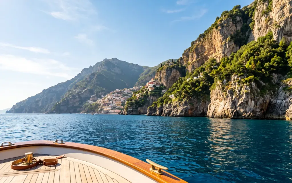 Towering green cliffs and the Tyrrhenian Sea seen from a boat in this Amalfi Coast guide.