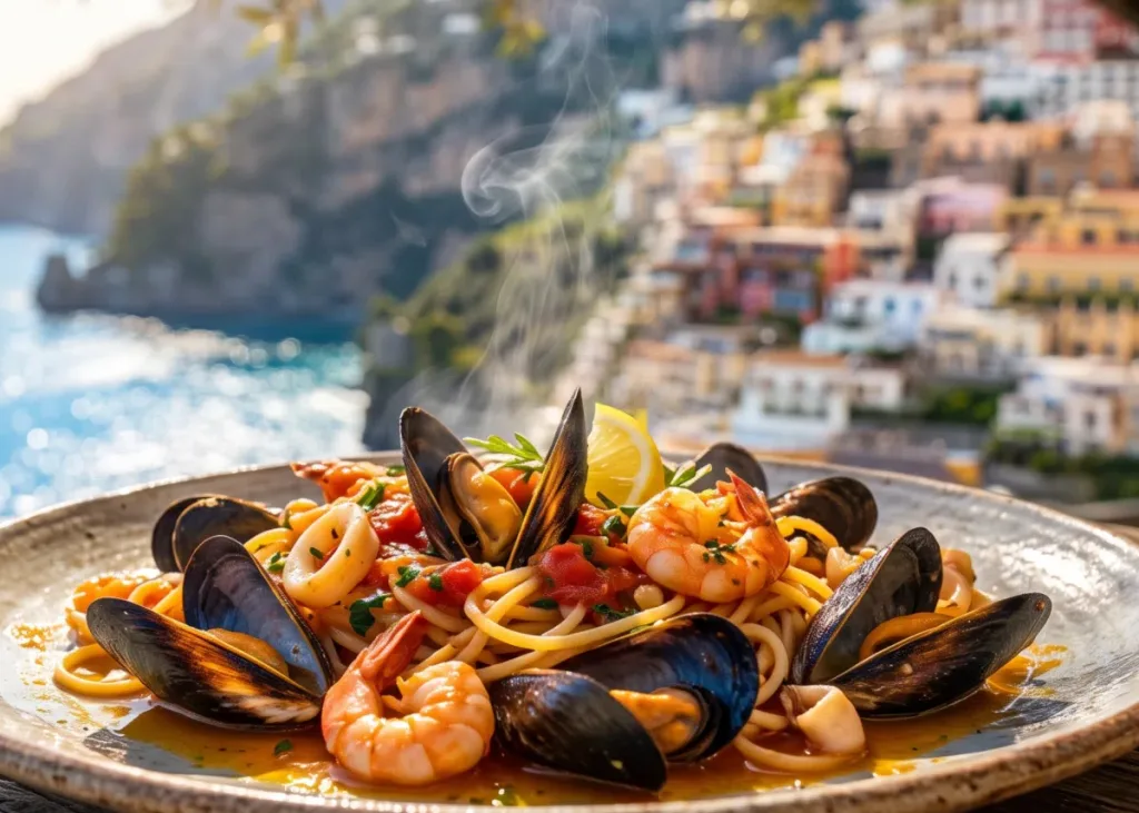 Delicious steaming seafood pasta served by the sea as an essential stop in an Amalfi Coast guide