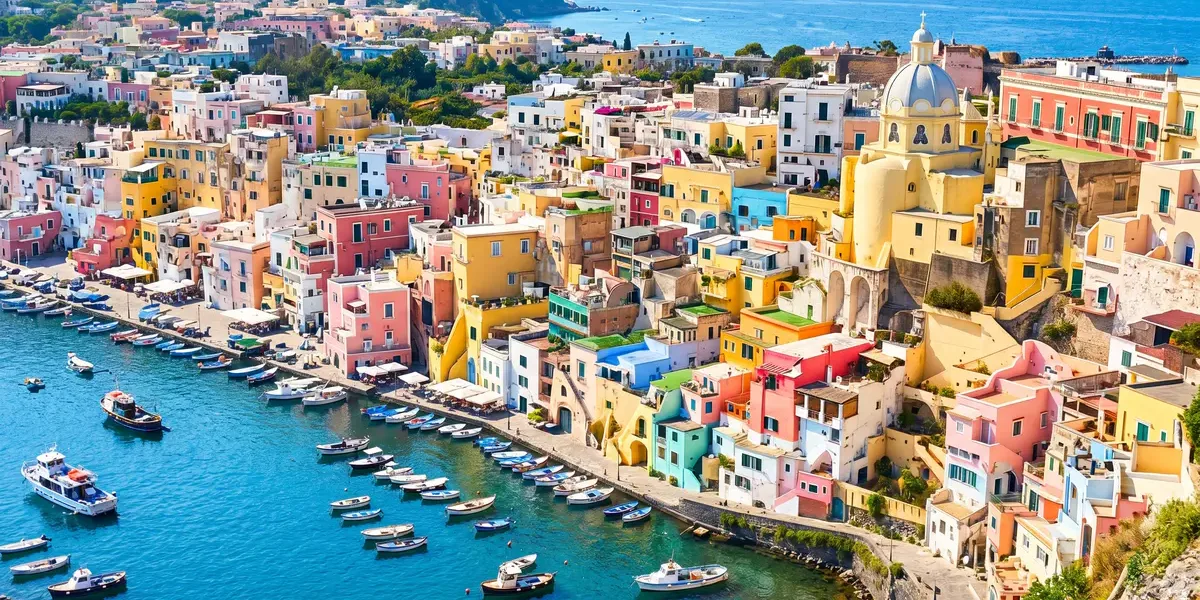 Panoramic view of colorful fisherman houses by the sea in Procida, a perfect addition to your Amalfi Coast guide.