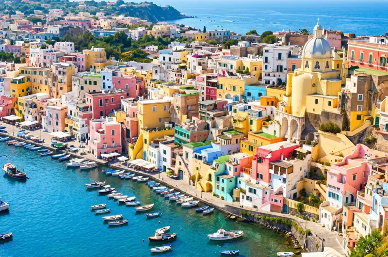 Panoramic view of colorful fisherman houses by the sea in Procida, a perfect addition to your Amalfi Coast guide.