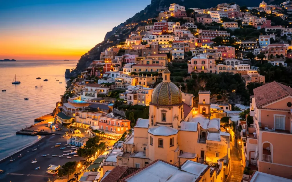 Pastel-colored houses cascade down the Positano cliffside at sunset in this Amalfi Coast guide