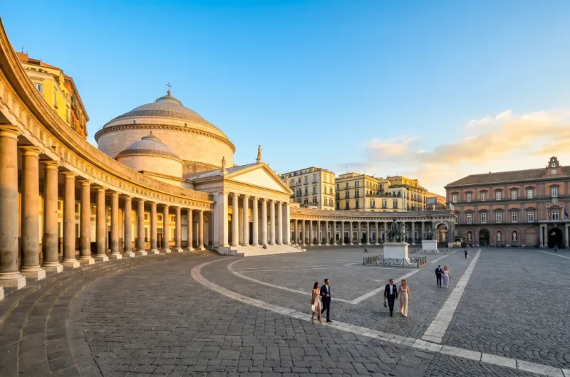 The stunning Piazza del Plebiscito illuminated during golden hour, one of the top things to do in Naples.